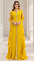 Front view of model wearing full-length yellow embellished evening gown with matching neckband