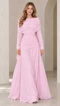 Full front view of model wearing pink long sleeve draped cowl neck evening gown