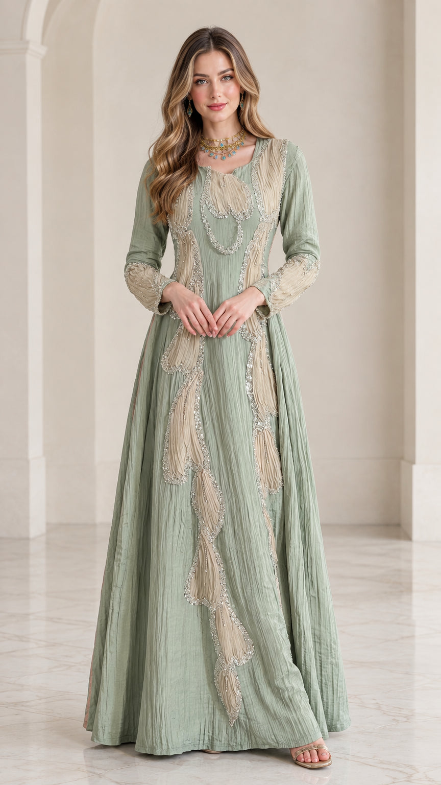 Full front view of sage green embellished long sleeve crinkle maxi dress