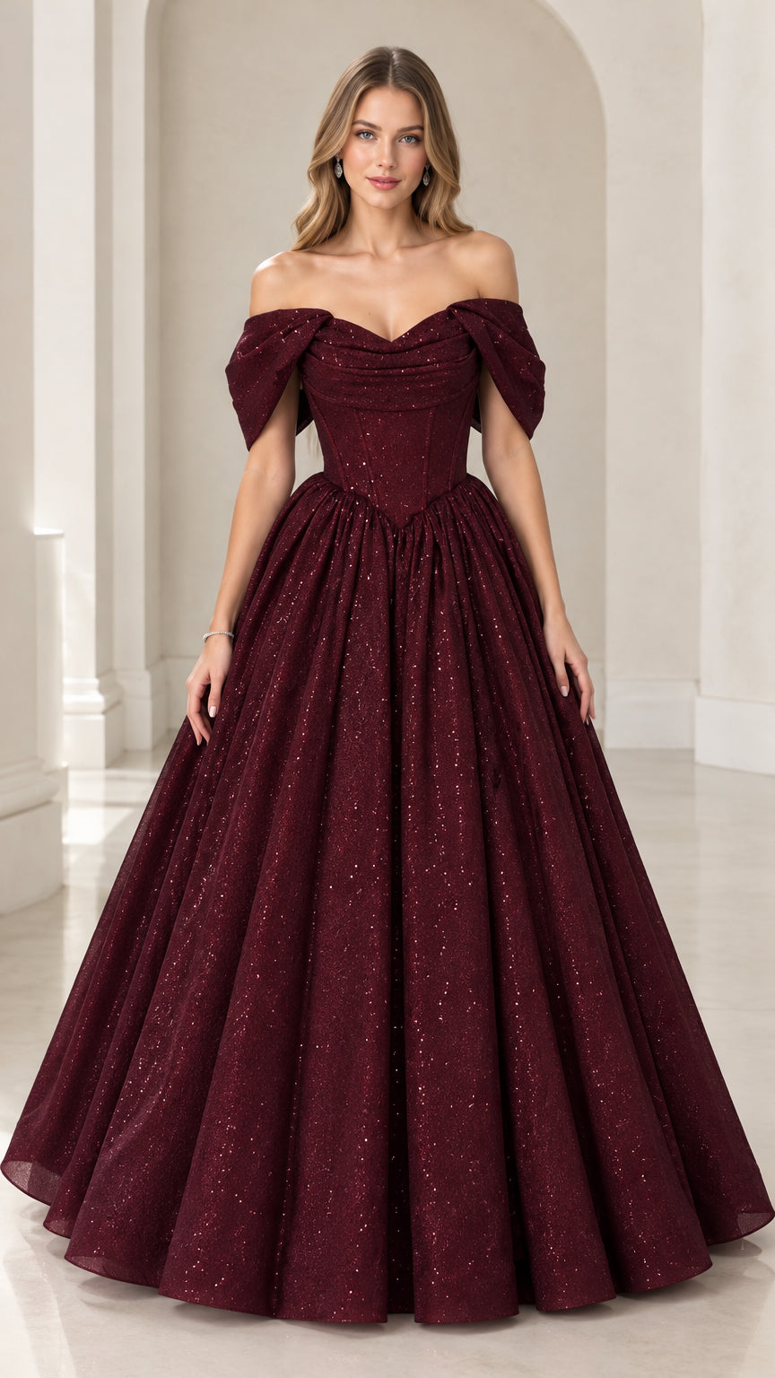Front view of model wearing burgundy off-the-shoulder glitter ball gown