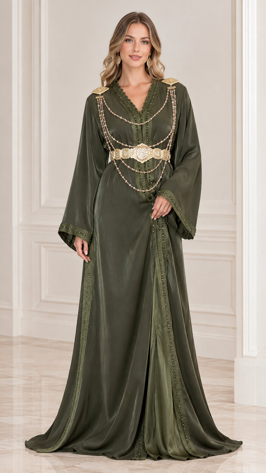 Front full-length view of Olive Green beaded kaftan maxi dress with gold belt