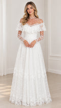 Front full view of white illusion neckline lace maxi evening gown