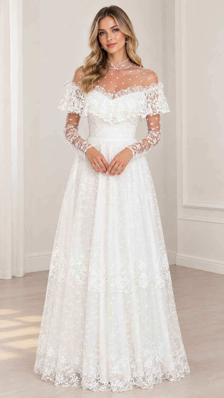 Front full view of white illusion neckline lace maxi evening gown