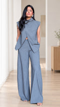 Women's slate blue pinstripe sleeveless asymmetric top and wide-leg pant set front view