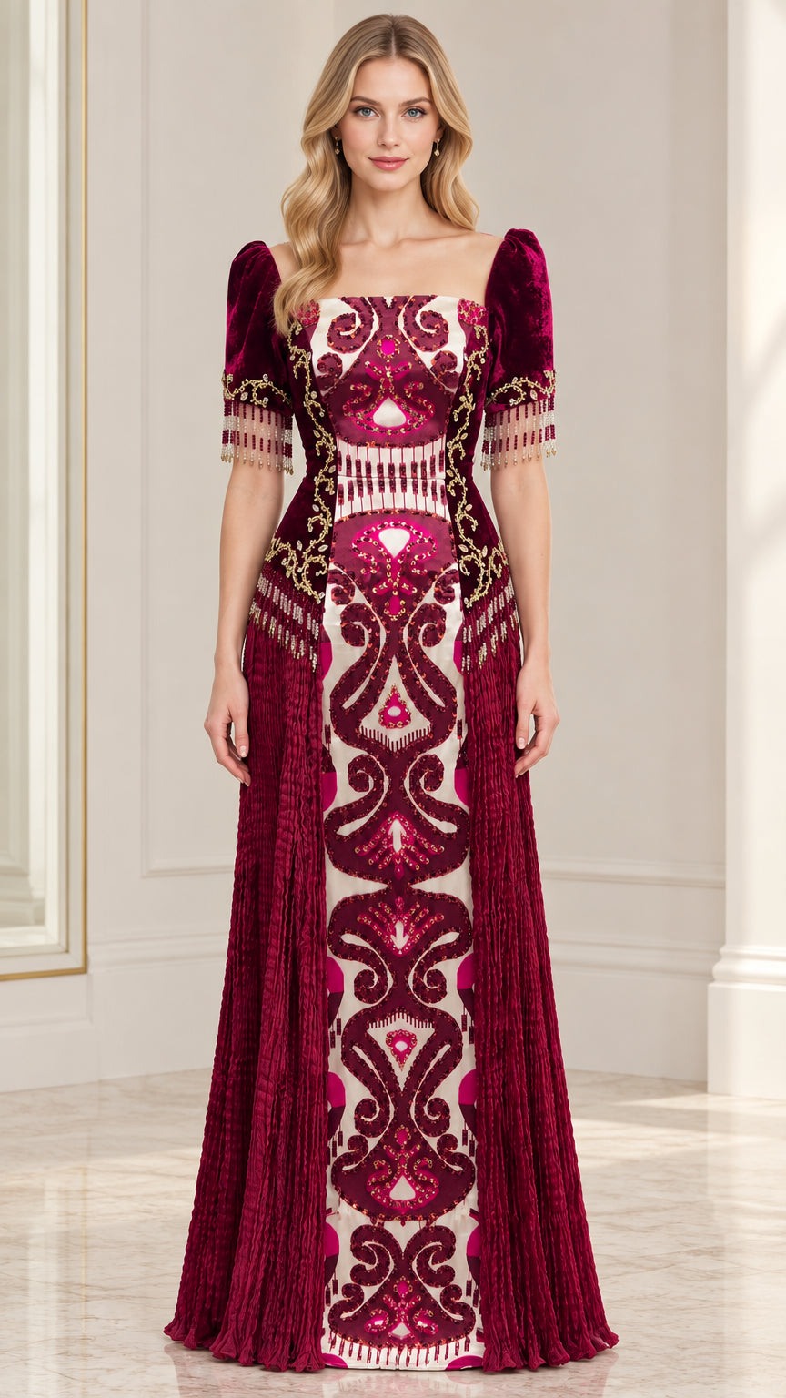 Front view of model wearing Burgundy embroidered velvet evening gown with beaded fringe sleeves