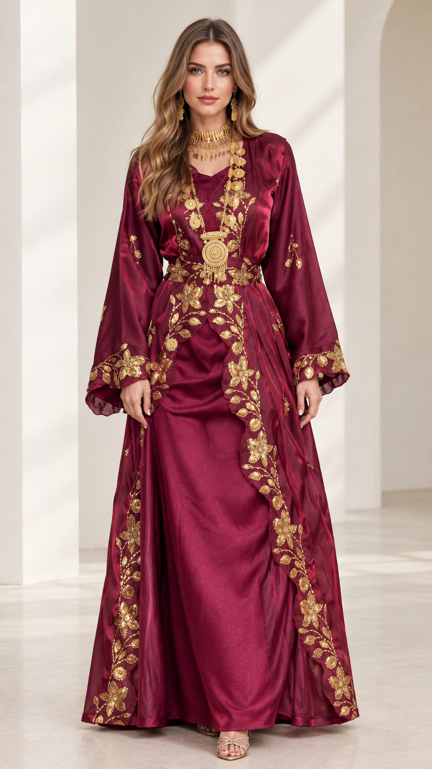 Front view of model wearing burgundy satin embroidered kaftan maxi dress
