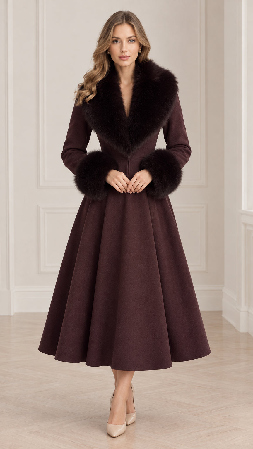 Model wearing Burgundy faux fur trim fit and flare swing midi princess coat front view