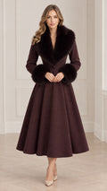 Model wearing Burgundy faux fur trim fit and flare swing midi princess coat front view