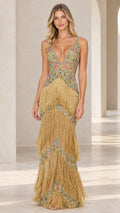 Front view of model wearing gold beaded plunging V-neck tiered fringe evening gown