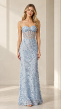 Front view of model wearing Light Blue 3D floral appliqué corset maxi dress