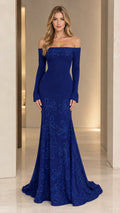 Front view of royal blue off-the-shoulder mermaid evening gown with long sleeves and beaded floral hem