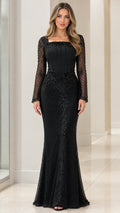Front view of woman wearing a black square neck beaded long sleeve mermaid evening gown