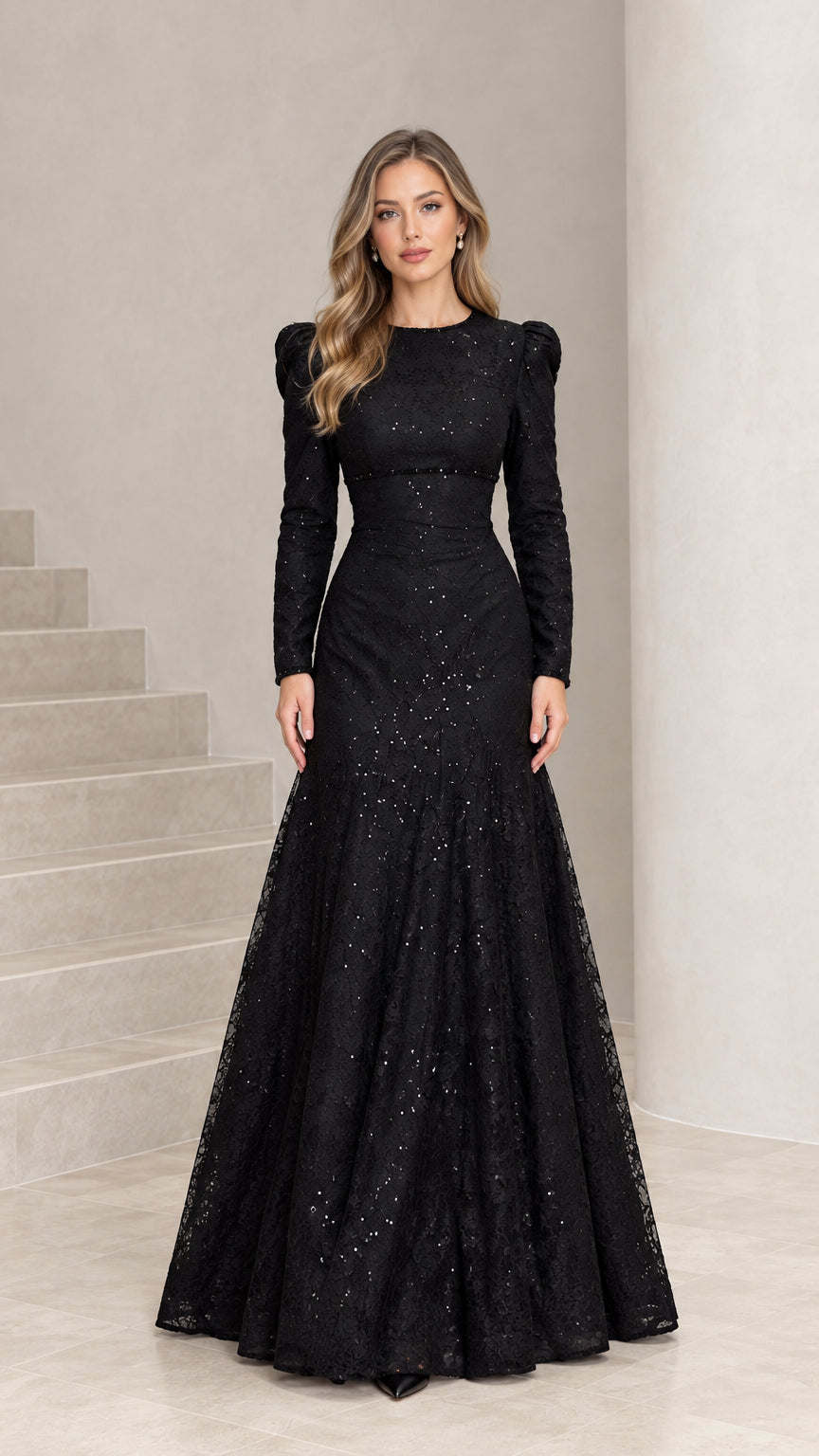 Front view of black long sleeve sequin lace floor-length evening gown