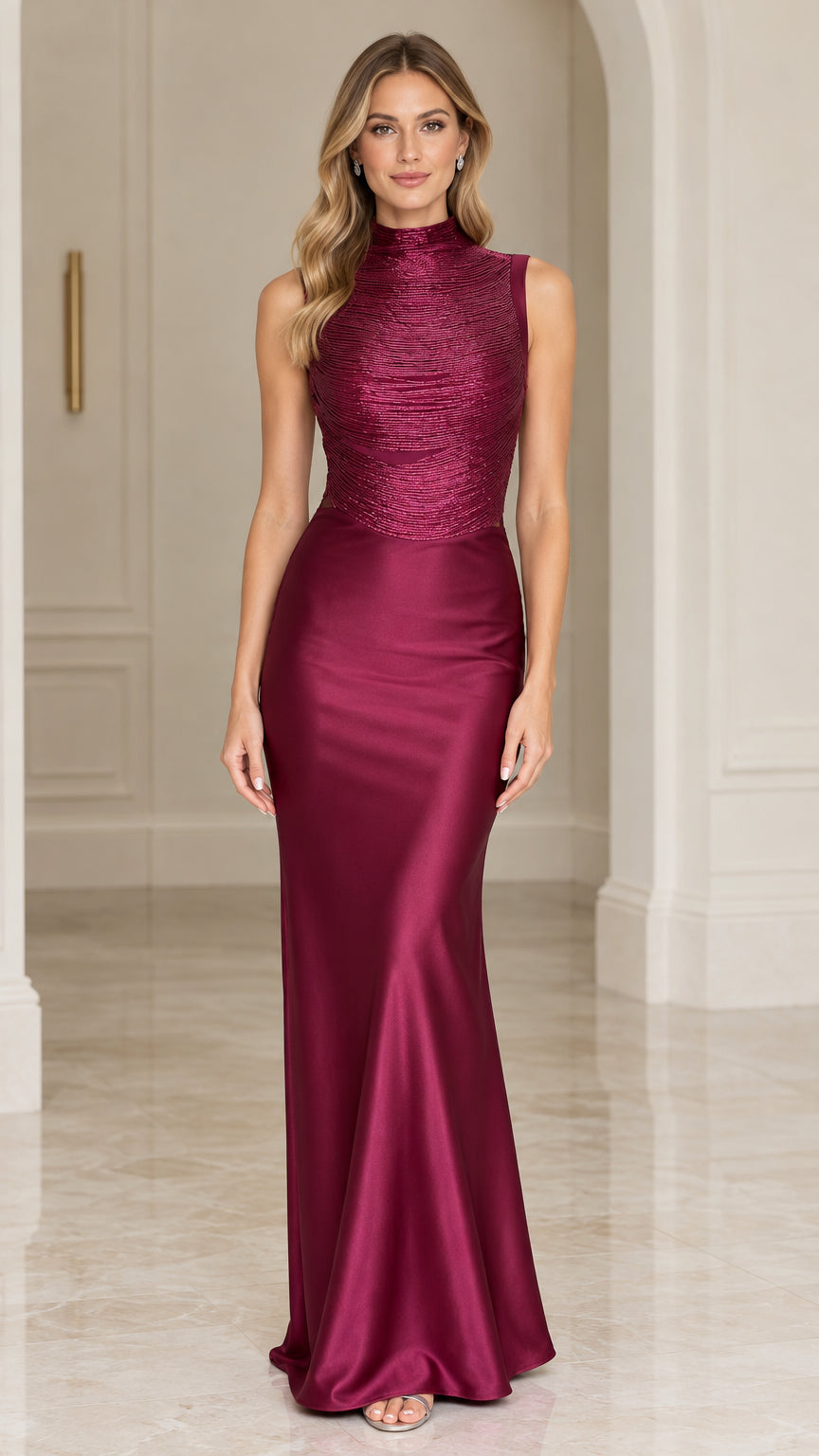 Wine high neck sleeveless evening gown with embellished bodice and satin skirt front view