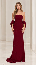 Front view of model wearing burgundy strapless beaded maxi evening gown with matching shawl