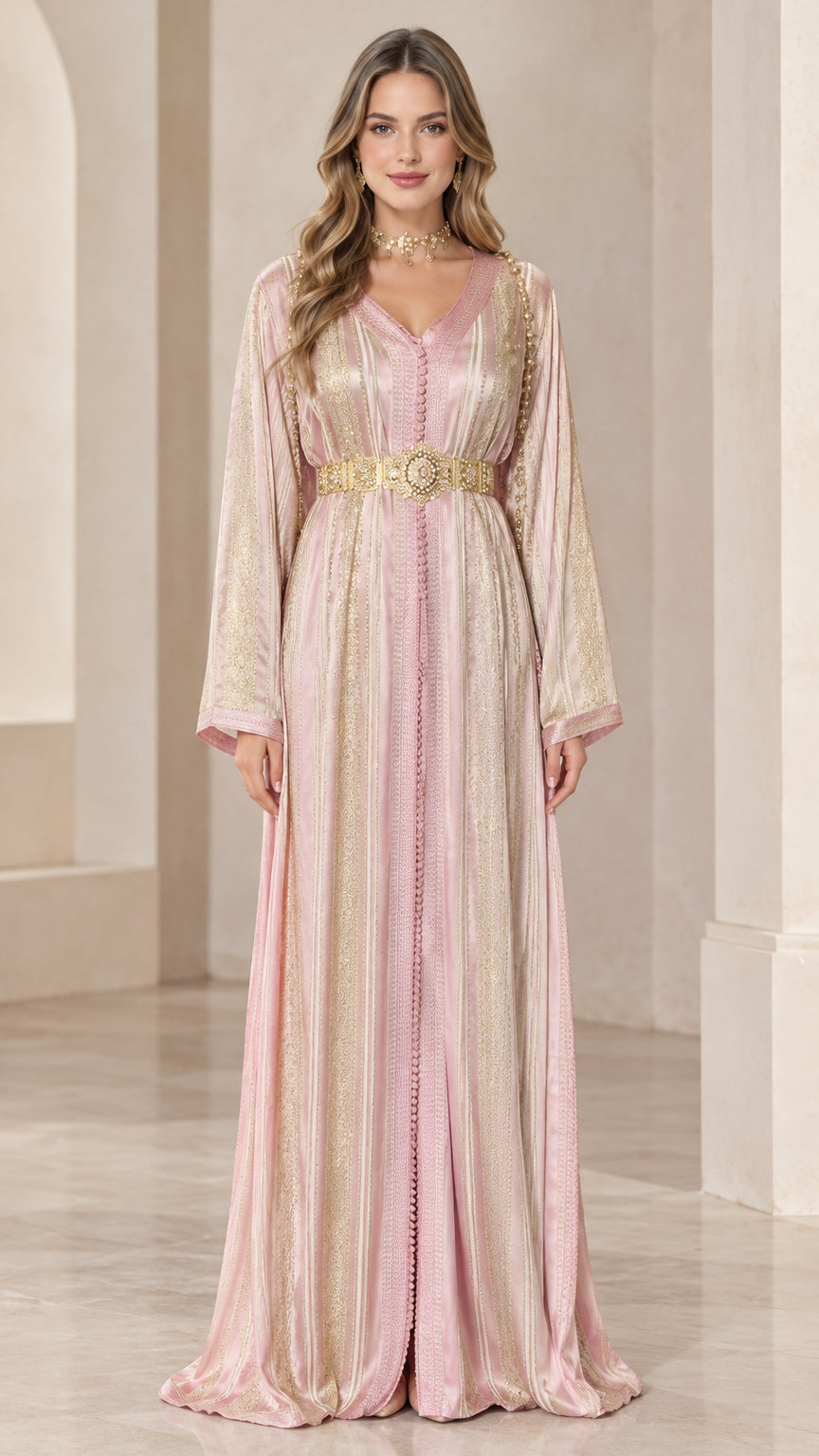 Front view of model wearing Blush Pink metallic embroidered belted kaftan dress