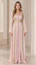Front view of model wearing Blush Pink metallic embroidered belted kaftan dress
