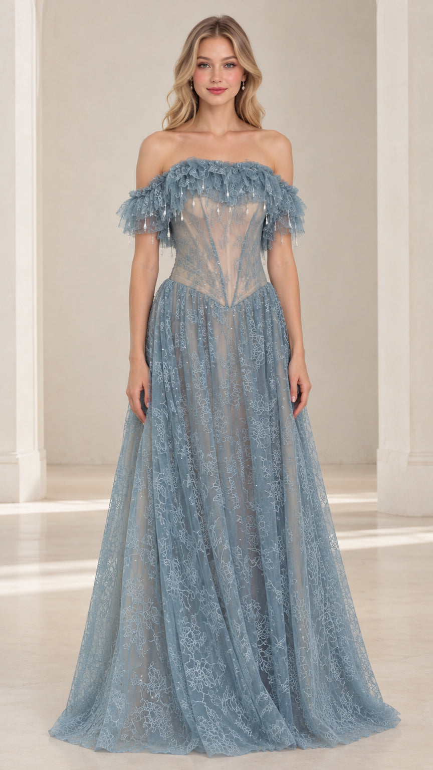 Dusty Blue off-the-shoulder corset lace evening gown front view