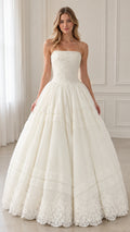 Ivory spaghetti strap ballgown evening dress with lace appliqué front view