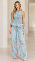 Light Blue floral denim peplum top and wide leg pants set front view