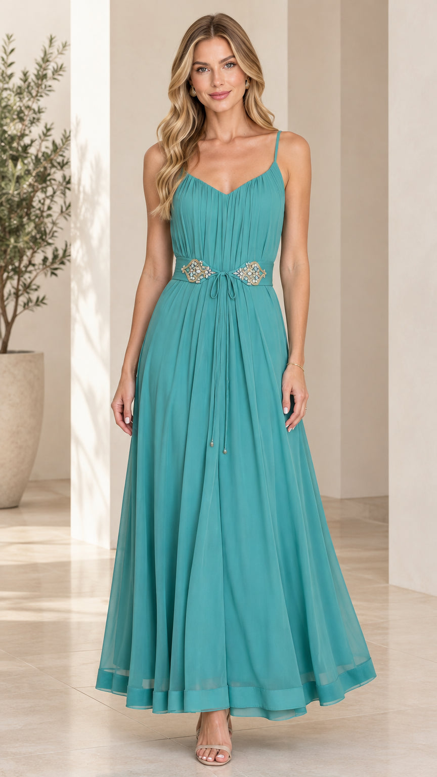 Front full-length view of woman wearing teal pleated chiffon spaghetti strap evening maxi dress with beaded waist