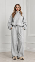 Women's heather grey two-piece zip sweatshirt and wide leg pants loungewear set front view