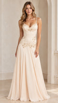 Front view of model wearing a champagne corset bodice formal maxi dress with sweetheart neckline