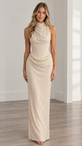 Front full-length view of woman wearing Champagne cowl neck shimmer maxi dress