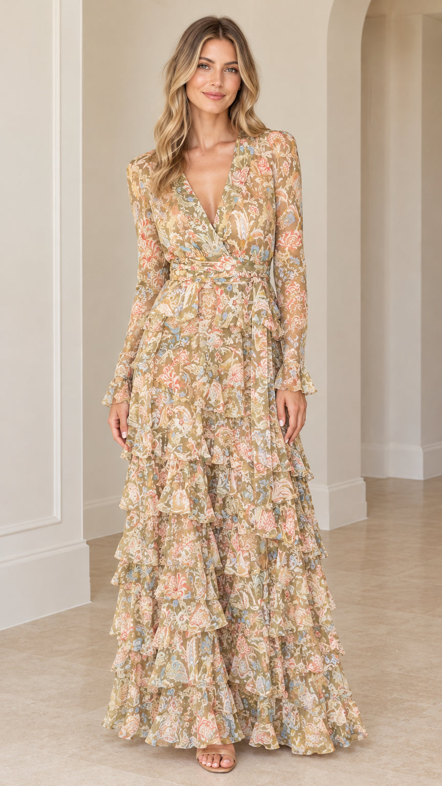 Full front view of model wearing beige floral tiered ruffle long sleeve maxi dress