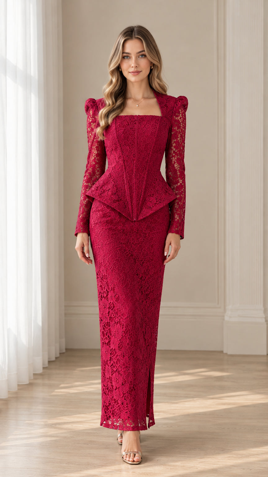 Front view of model wearing burgundy floral lace corset peplum top and maxi skirt set