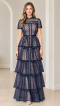 Front full-length view of model wearing Navy Blue short sleeve tiered lace maxi dress