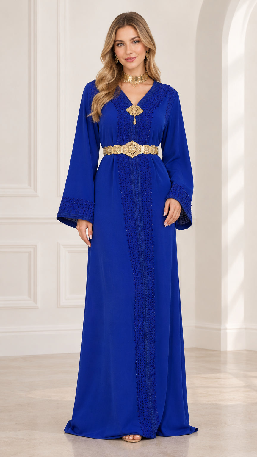 Front view of royal blue embellished kaftan maxi dress with gold belt