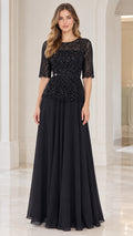 Front full view of black sequin lace half sleeve evening maxi dress
