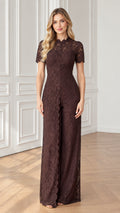 Full front view of elegant Chocolate Brown short-sleeve lace wide-leg formal jumpsuit