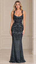 Front view of model wearing charcoal beaded mermaid evening gown with scoop neckline
