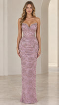 Front view of model wearing dusty rose strapless beaded column evening gown