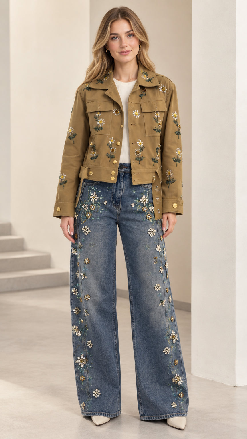 Front full view of camel floral embroidered utility jacket paired with wide-leg jeans