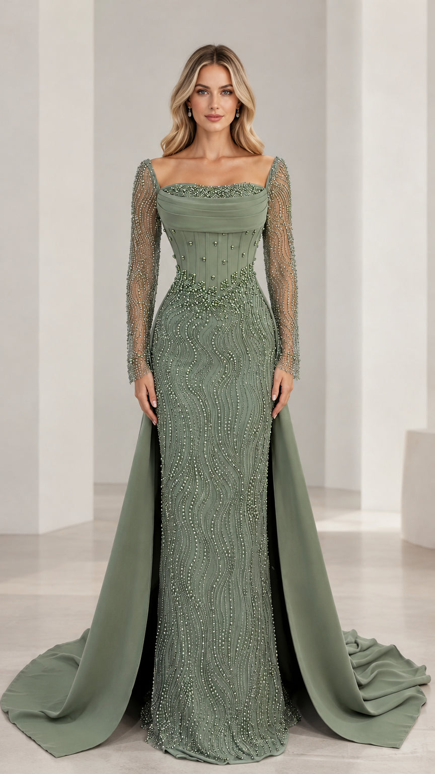 Sage green beaded evening gown with long sheer sleeves and sweeping overskirt front view