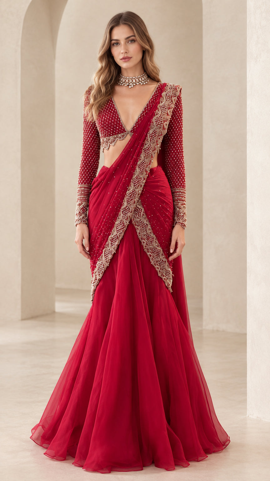Front view of woman wearing crimson red pre-draped lehenga saree with embroidered border and long-sleeve blouse