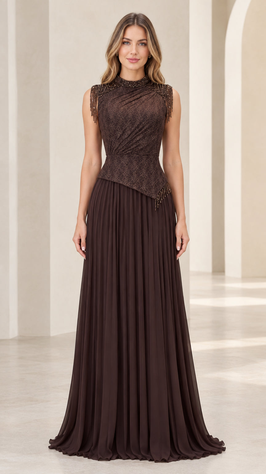 Front view of model wearing a chocolate brown high neck beaded pleated evening gown