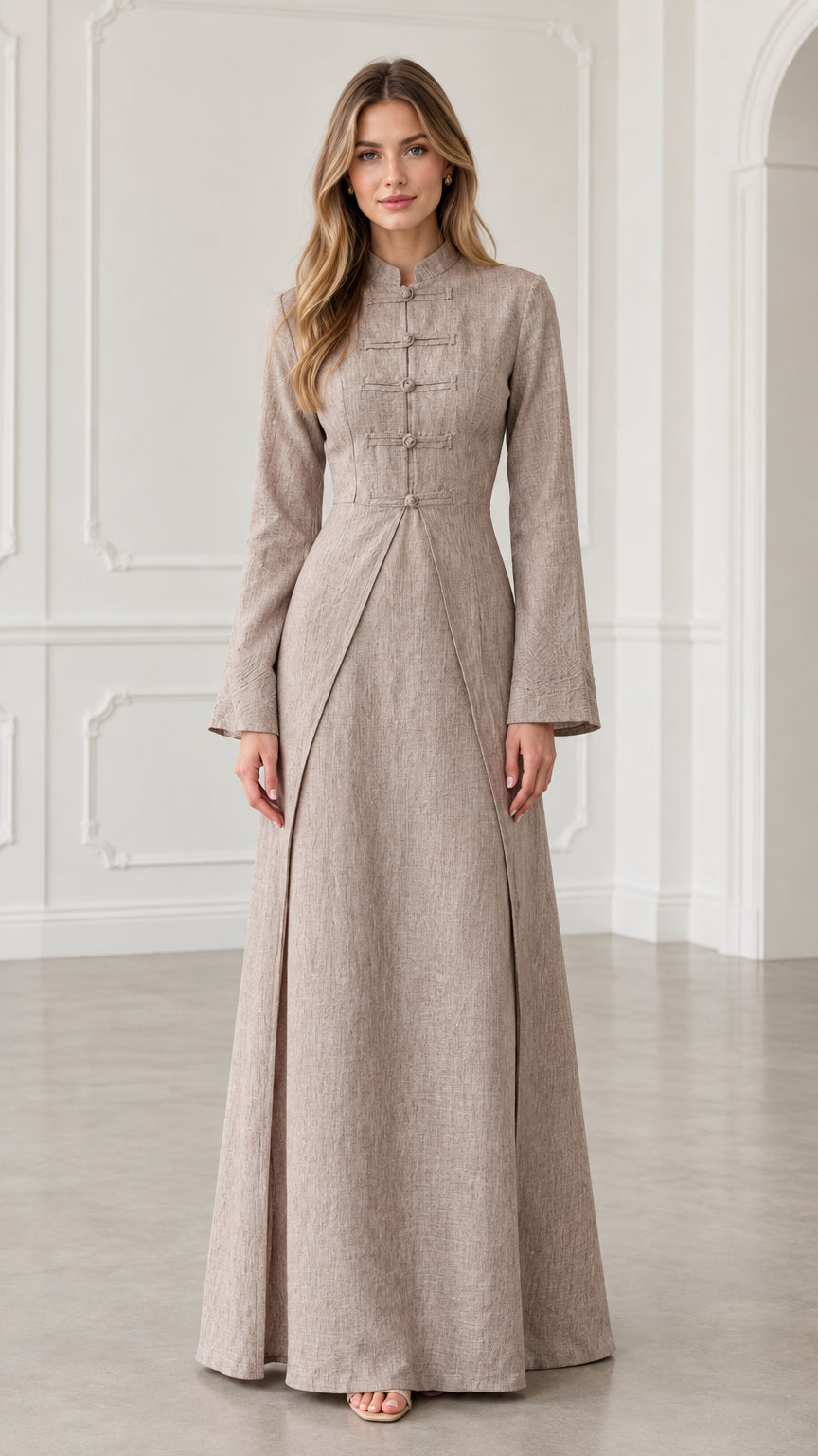 Front view of model wearing oatmeal mandarin collar frog button maxi dress