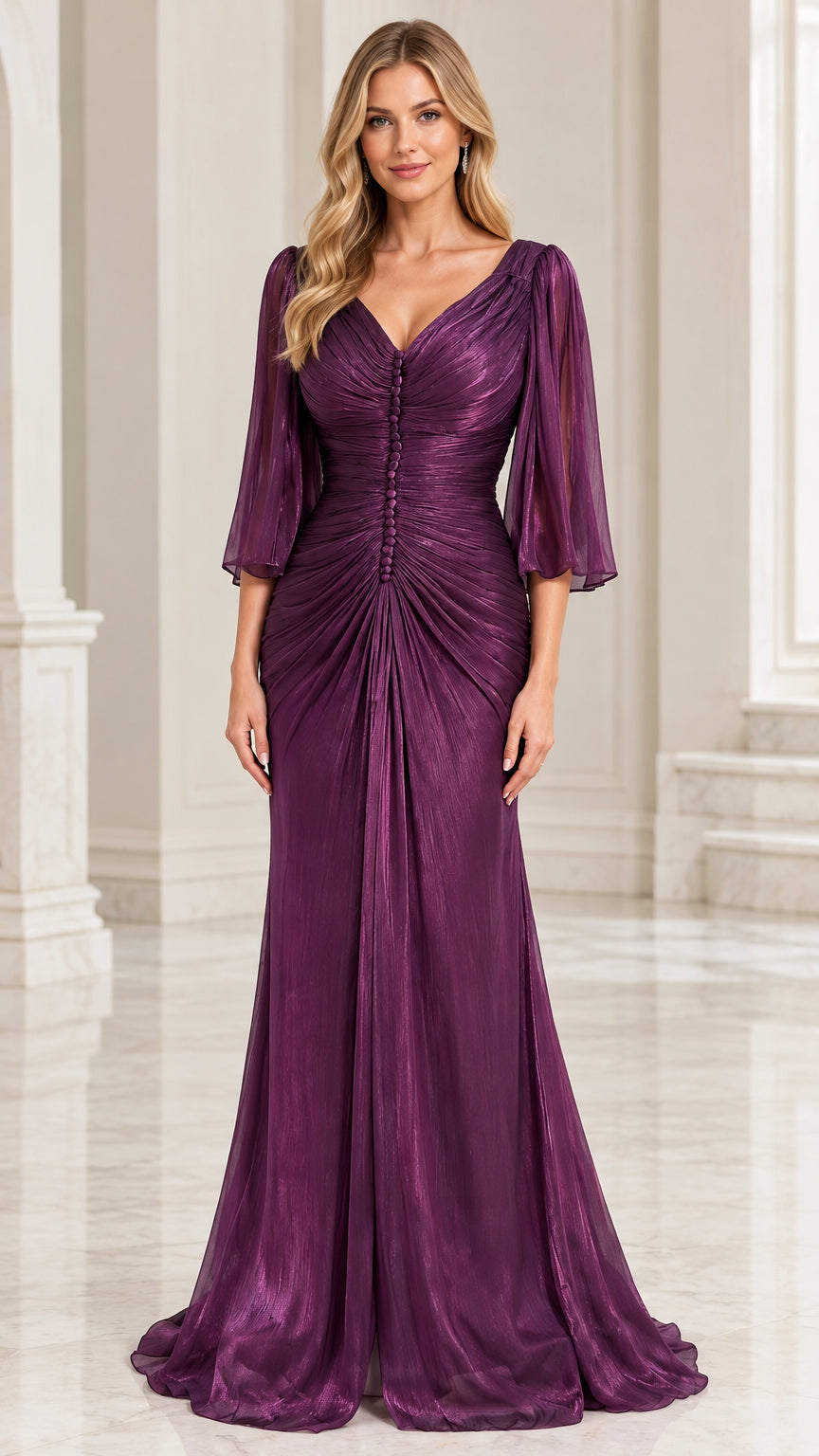 Front full view of woman wearing Plum Purple ruched V-neck evening gown with flutter sleeves