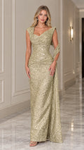 Front full view of gold sequin evening gown with draped shoulder sash