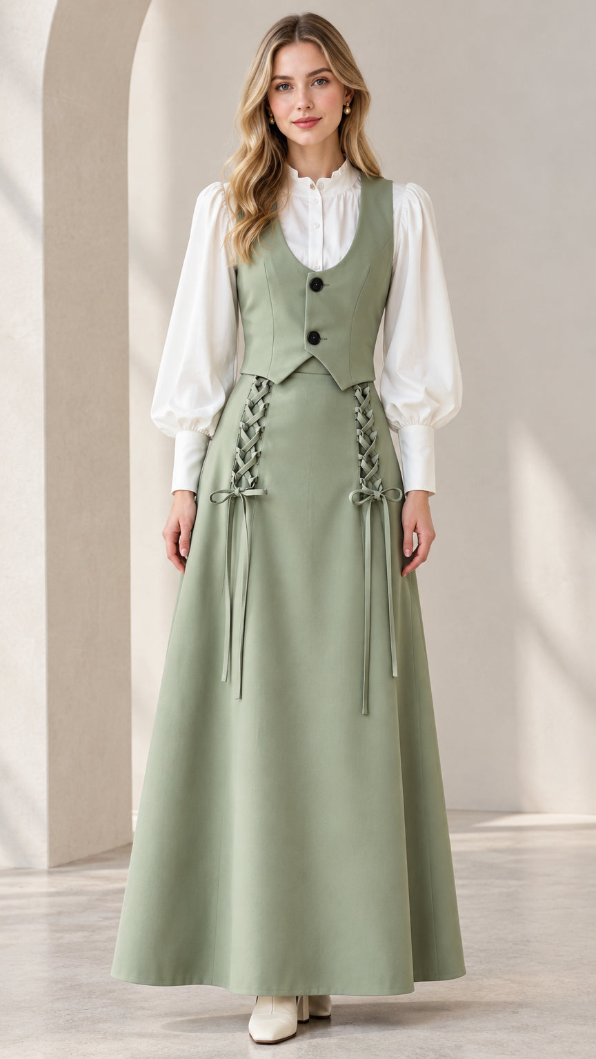 Front view of model wearing sage green tailored vest and lace-up maxi skirt set
