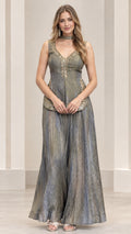 Front view of woman wearing slate grey sleeveless embroidered peplum top and wide-leg palazzo pants