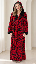 Full front view of woman wearing red leopard print plush hooded long bathrobe