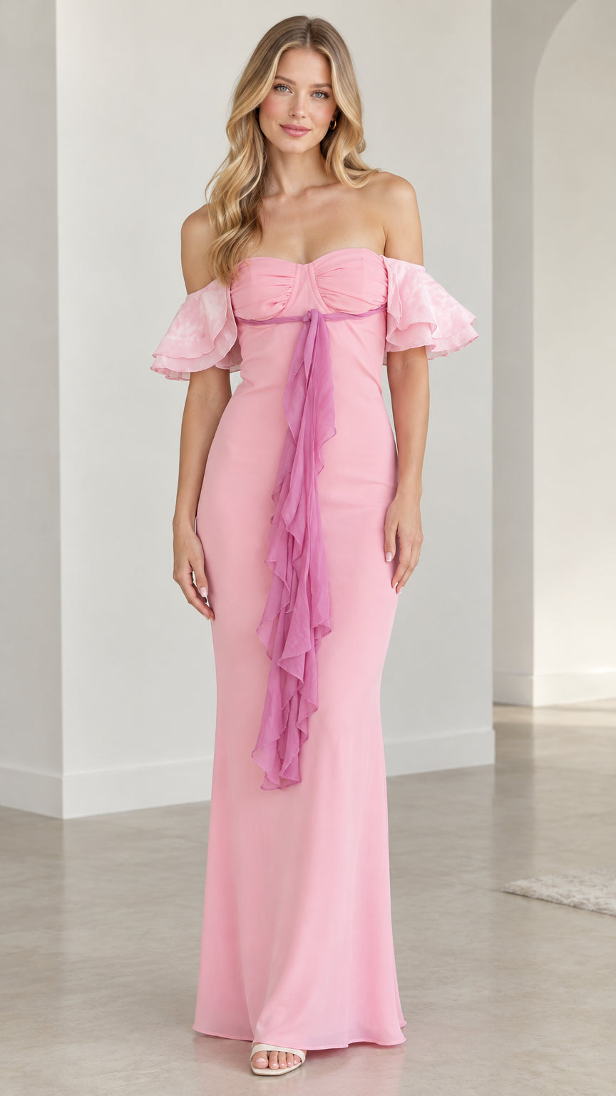 Front view of model wearing pink off-the-shoulder maxi gown with cascading drape