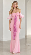 Front view of model wearing pink off-the-shoulder maxi gown with cascading drape