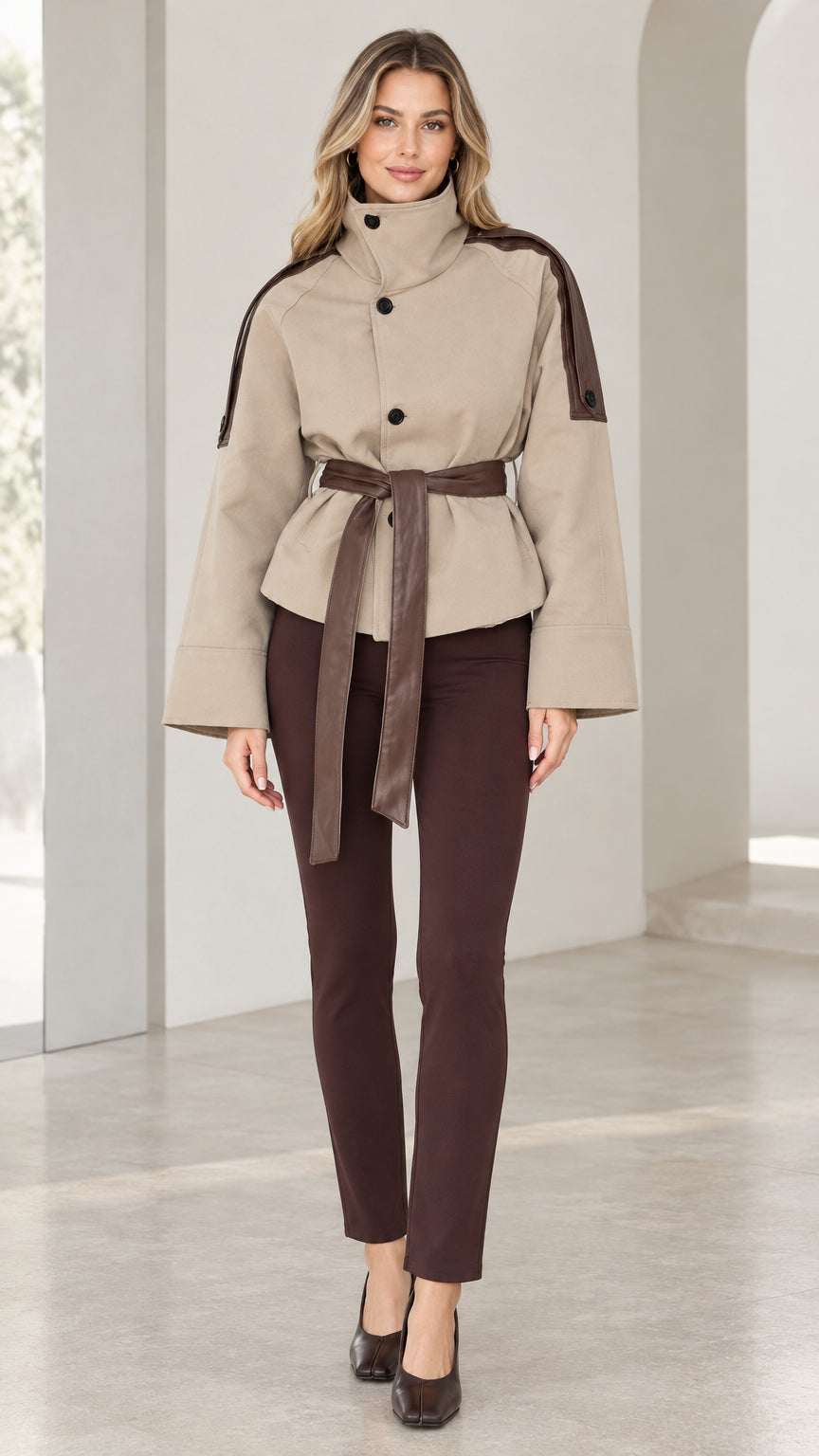 Front view of model wearing beige high-neck belted short trench jacket with brown trousers