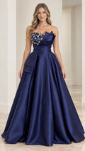 Front full-length view of woman wearing navy blue strapless beaded satin ball gown
